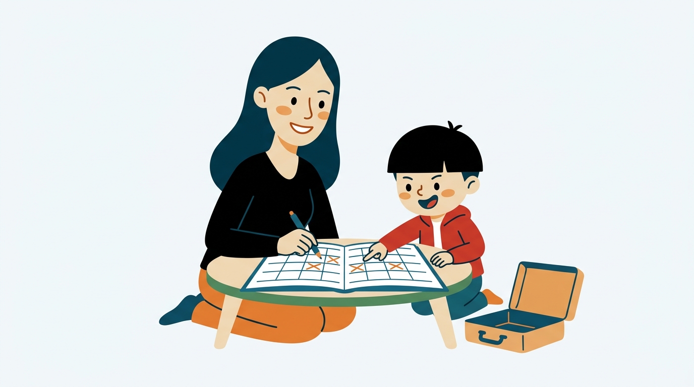 엄마와 아이 캐릭터가 함께 달력을 보며 체크리스트를 작성하는 그림