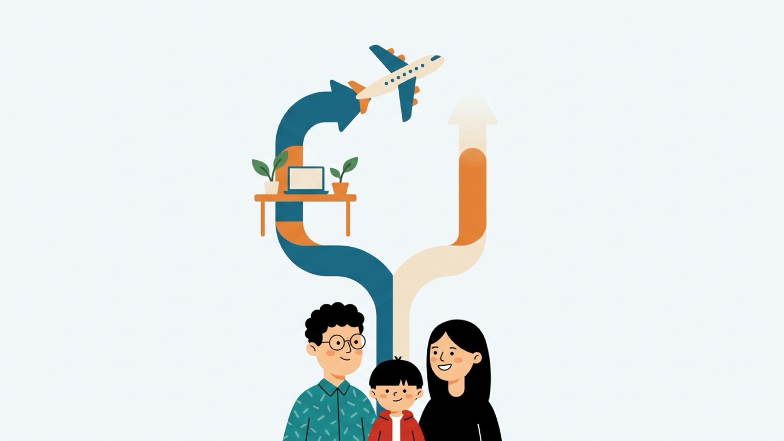 두 갈래 길 앞에 선 세 식구. 왼쪽 길은 책상과 노트북을 지나 비행기로 이어지고, 오른쪽 길은 흐려진다